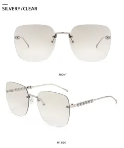 Détails de lunettes de soleil carrées sans monture avec perles et verres dégradés