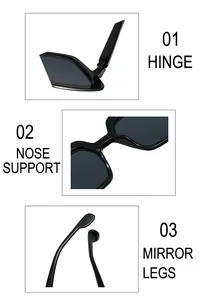 Detail view of square sunglasses showing metal hinges, comfortable nose pads, and temple tips