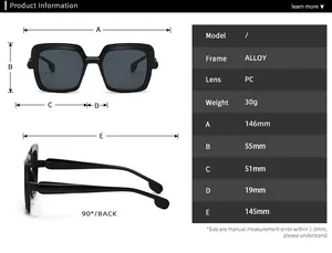 Detailed dimension chart showing size parameters of the square alloy frame sunglasses