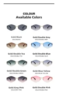 Grid view of rimless curved sunglasses in eight gradient colors with gold metal temples