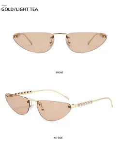 Detail of cat eye sunglasses showing gold frame, tea lenses, and pearl temples