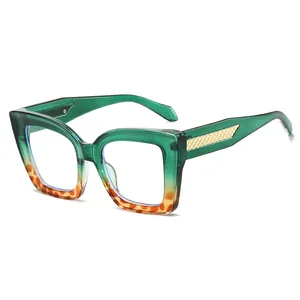 Square gradient sunglasses in green and orange with leopard print and gold metal trim