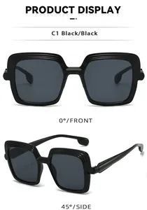 Detailed front and side views of black square sunglasses with wavy frame edges