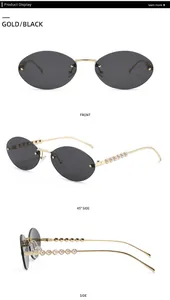 Detailansichten der randlosen ovalen Sonnenbrille mit Goldrahmen und Perlen am Bügel