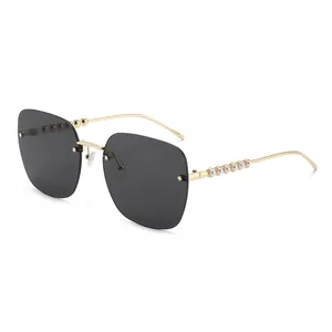 Lunettes de Soleil Carrées sans Monture à la Mode pour Femmes Décoration de Künstliche Perles de Luxe Verres Dégradés UV400
