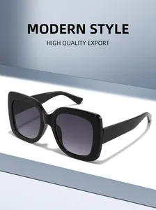 Macro detail of high-quality square sunglasses with black frame and gradient grey lenses