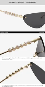 Detail view showing cat eye sunglasses with pearl-inlaid temples and reinforced UV lens