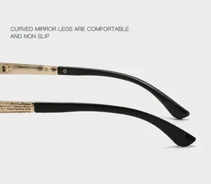 Detail of curved metal temples with geometric engraving and non-slip black tips