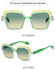Dual view of square frame sunglasses in green yellow gradient finish with side profile
