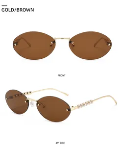 Detailansicht der randlosen ovalen Sonnenbrille mit Goldrahmen und Perlen am Bügel
