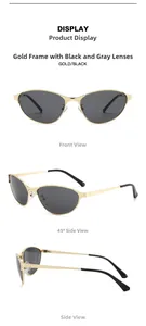Three-angle views of Y2K cat-eye sunglasses with gold metal frames and black-grey lenses