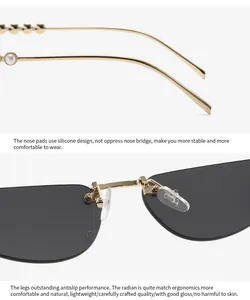 Detail of ergonomic silicone nose pads and pearl-embellished gold metal temples on cat eye sunglasses