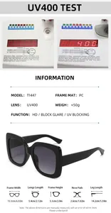 Detailed specs of square frame UV400 sunglasses showing dimensions and model T1447