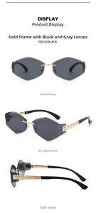 Detail of rimless hexagonal sunglasses with gold metal temples and dark grey lenses