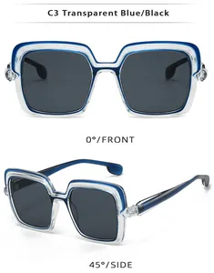 Front and 45-degree side view of transparent blue and black square frame sunglasses
