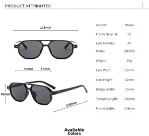 Detailed size chart for pilot sunglasses featuring frame dimensions and PC material specs