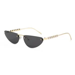 Rimless Cat Eye Sunglasses For Women Trendy Metal Frame Pearl Embellished Temples UV400 Protection Eyewear Party Daily