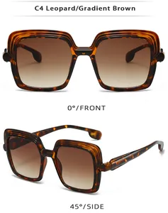 Detail view of square leopard print sunglasses with gradient brown lenses in C4 colorway