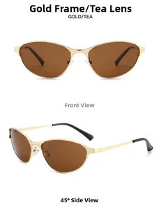 Front and 45-degree side view of Y2K metal cat-eye sunglasses with gold frame and tea lenses