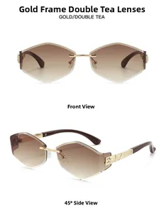 Detail view of gold rimless sunglasses with hexagonal gradient tea lenses and engraved temples