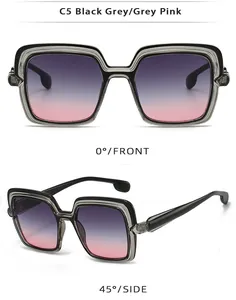 Front and 45-degree side views of square sunglasses with black grey frames and purple lenses