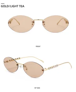 Randlose ovale Sonnenbrille mit Goldrahmen, Perlenbügeln und hellbraunen Gläsern