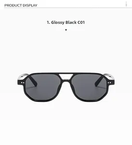 Front view of aviator sunglasses with bright black double bridge frame and grey lenses