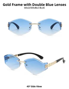 Close-up of rimless gradient blue sunglasses with gold metal frame and side view detail