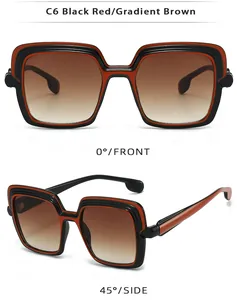 Detailed views of square black and red sunglasses with gradient brown lenses
