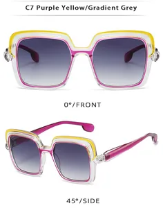 Detail view of square gradient purple yellow sunglasses in front and side perspectives