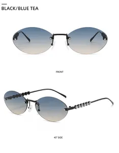 Detailansicht der randlosen ovalen Sonnenbrille mit blauem Verlauf und Perlenbügeln