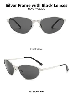 Front and 45-degree side views of silver metal Y2K cat-eye sunglasses with dark lenses