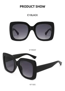 Front and side views of stylish square black oversized sunglasses with gradient lenses