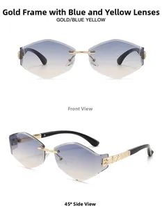 Front and side views of rimless gradient sunglasses with gold metal geometric temples