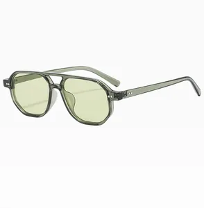 Detail view of pilot sunglasses with translucent green frame and light yellow lenses