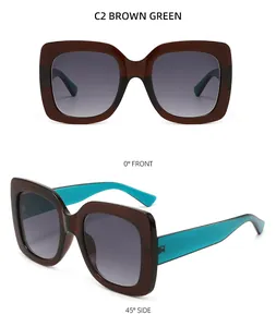 Detailed views of square retro sunglasses in brown and green with gradient lenses