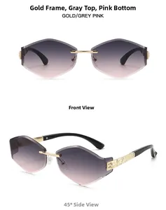 Detail view of gold metal sunglasses with gray-pink gradient lenses and geometric texture