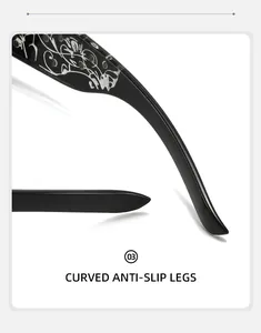 Detail of curved anti-slip sunglasses legs with floral pattern and polished black finish