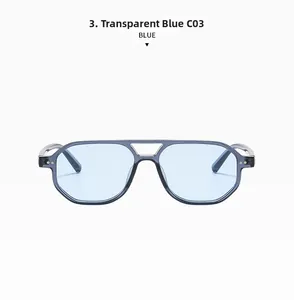 Close-up of transparent blue pilot sunglasses with double bridge and metal temple joints