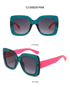 Front and side views of green and pink square sunglasses with grey gradient lenses
