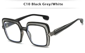 Detail showing square frame glasses with triple-layered black grey white design and sturdy hinges