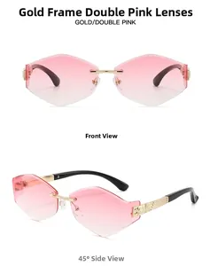 Detail of rimless geometric sunglasses with pink gradient lenses and gold metal temples