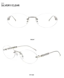 Front- und 45-Grad-Seitenansicht der randlosen silbernen Sonnenbrille mit Perlendetails