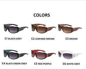 Showcase of six rhinestone-studded sunglasses in various gradient colors and floral frames