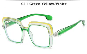 Detail view of square eyeglass frame in green yellow and white tricolor finish