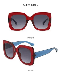 Front and side view of retro square sunglasses with red frame and blue temples