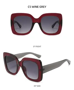 Front and side view of square wine red sunglasses with grey gradient lenses