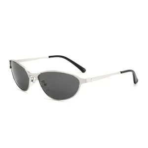 Y2K metal cat-eye sunglasses with silver frame and dark grey lenses for women