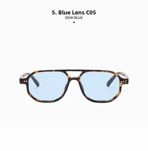 Close-up of demi blue pilot sunglasses with double-bridge frame and blue lenses