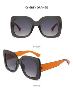 Front and side view of square sunglasses featuring grey frames and orange accents